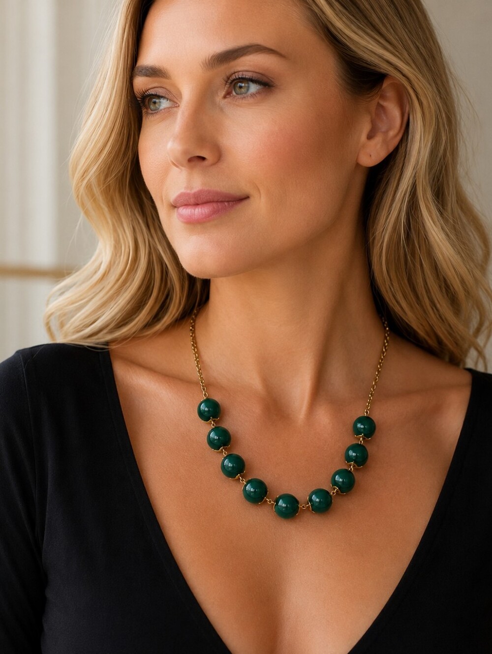 J. Crew Gold-Tone Necklace with Emerald Green Beads